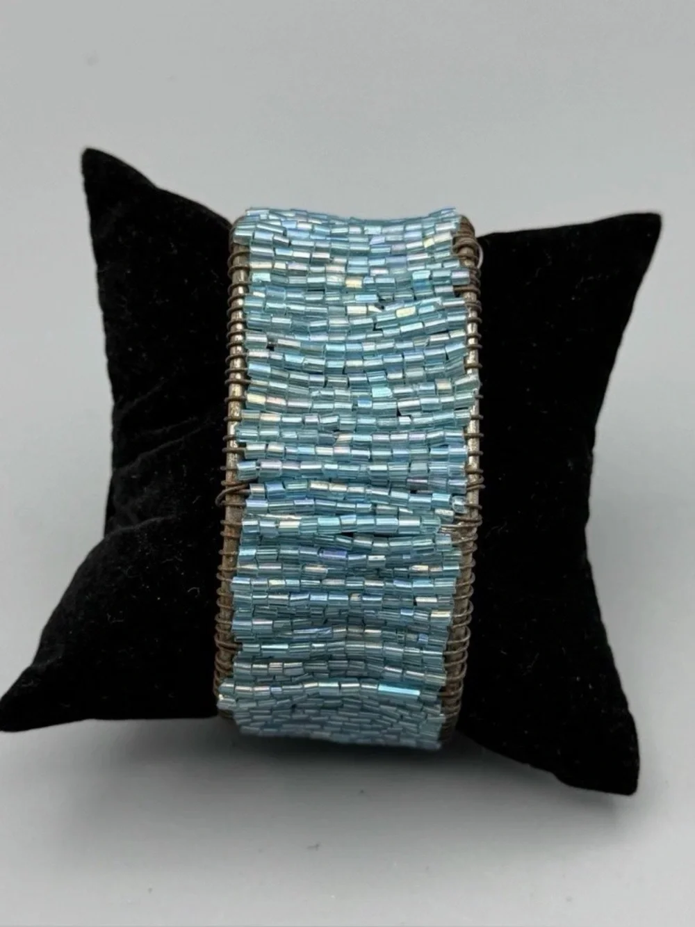 Handmade Turquoise Beaded Cuff Bracelet Wire Wrapped 6.75” x 1”